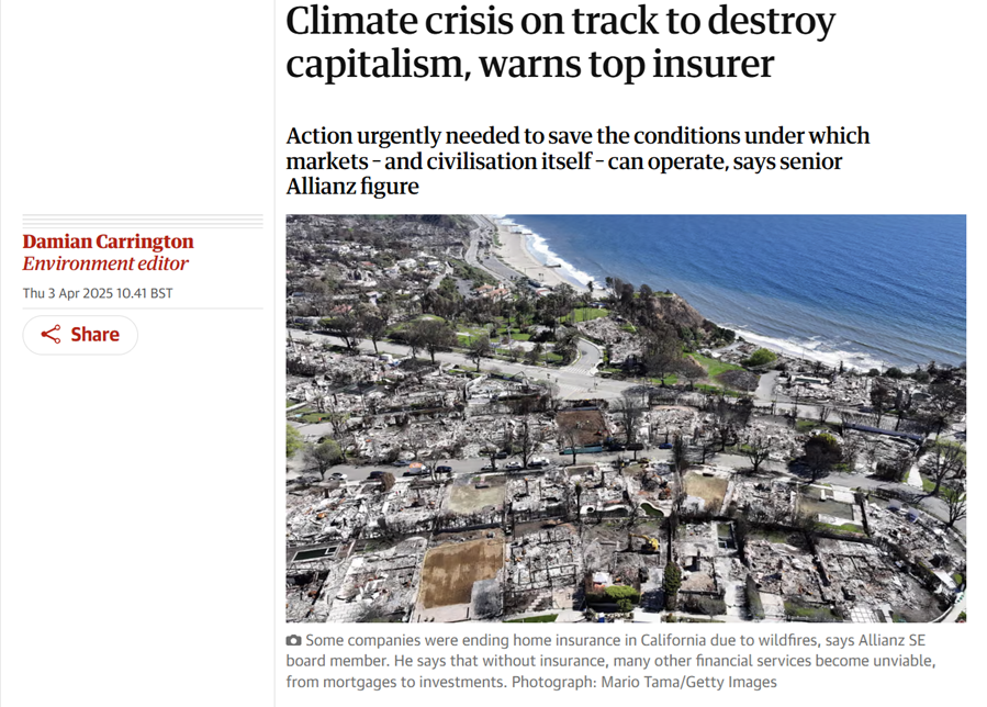 Climate crisis on track to destroy capitalism, warns top insurer